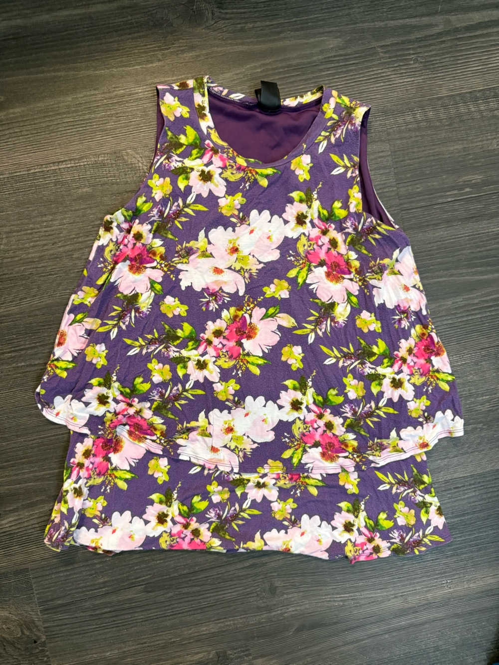 Agnes & Dora Purple Floral Tiered Tunic Tank Top with Pink and Green Accents